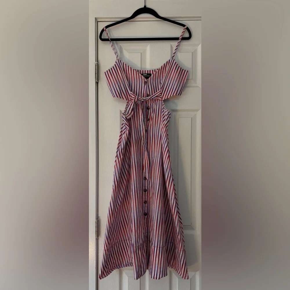 Saloni Striped Pink and White Midi Cut Out Cotton Dress Size 6 EUC - Picture 5 of 6